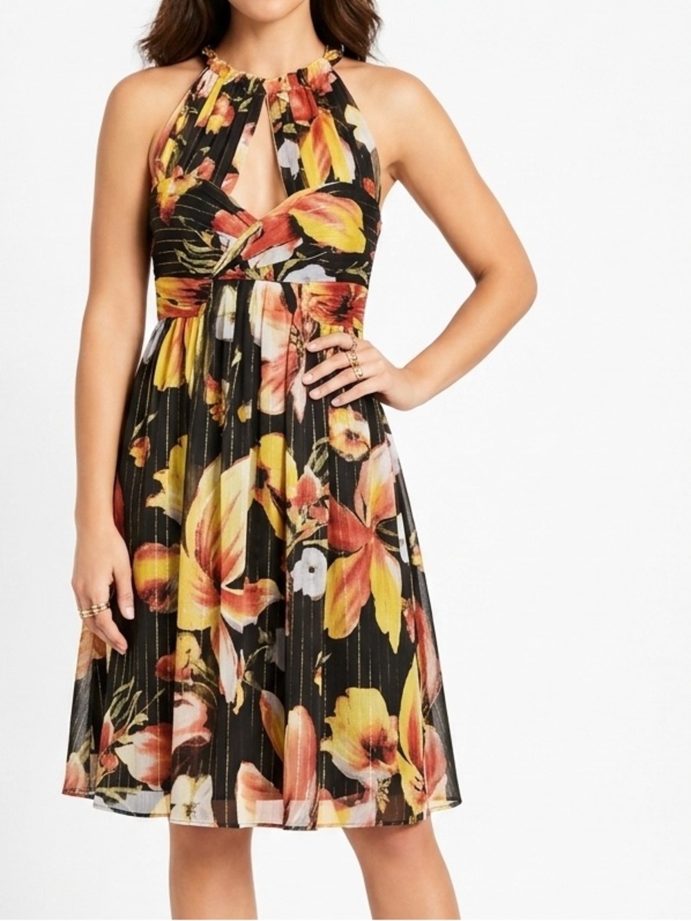ANNA SUI Anthropologie Chiffon Floral Halter Midi Dress Black Orange Yellow Gold